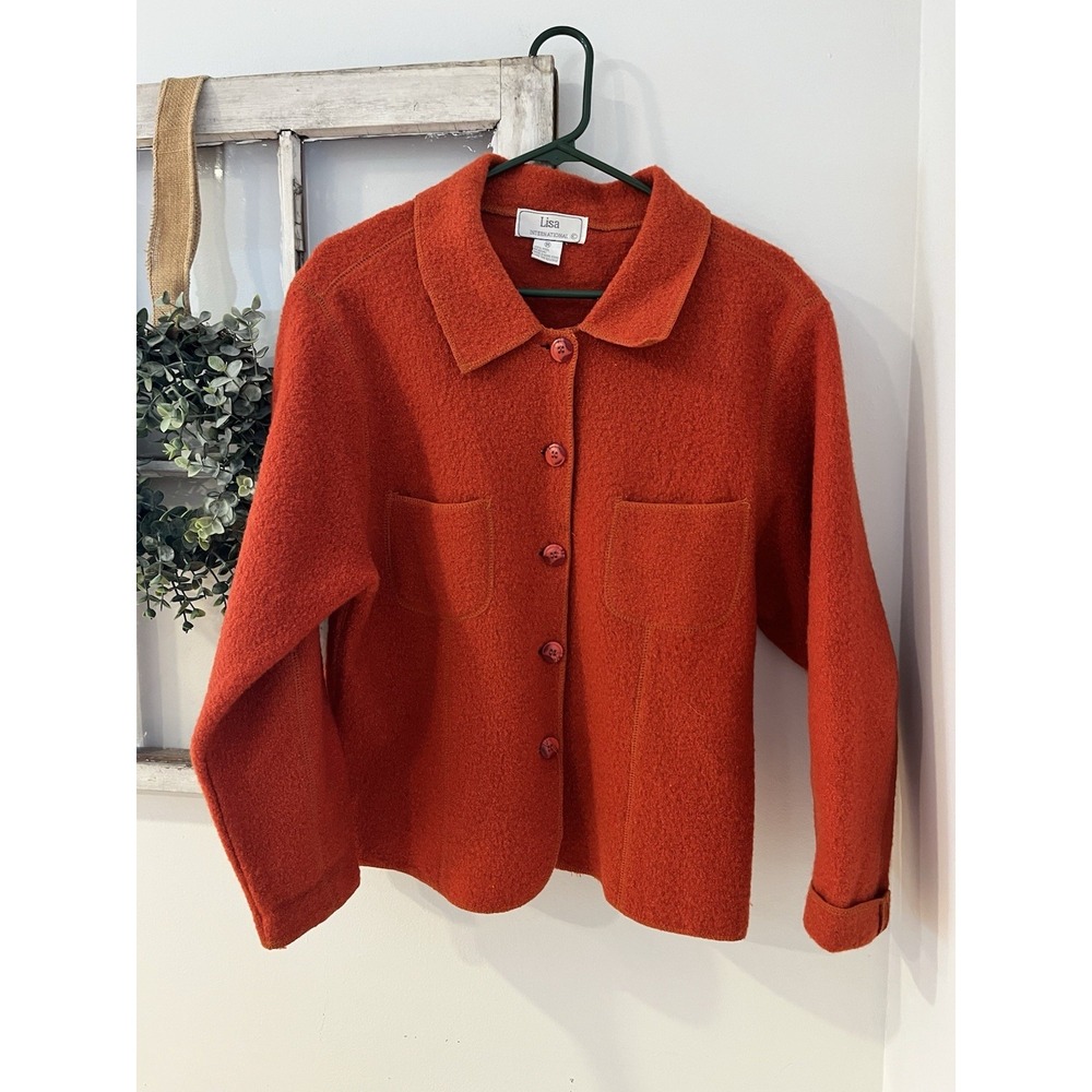 Lisa‎ Int Boiled Wool Textured Cardigan jacket Burnt Orange Size M Y2K Vintage